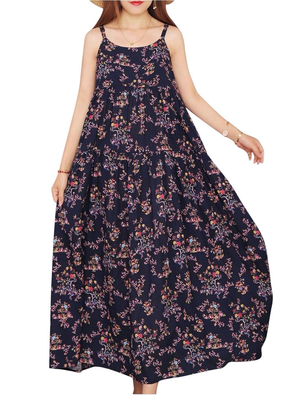 Women’s Navy Blue Boho Long Summer Beach Swing Maxi Dress Cotton Floral Medium